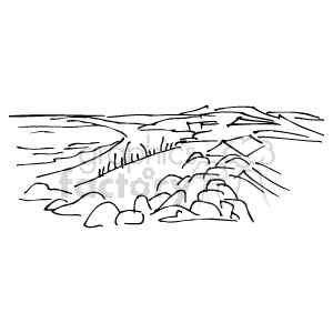 The clipart image appears to depict a rocky coastline with waves breaking against the shore. In the background, you can see the ocean extending to the horizon with some clouds in the sky, which could possibly be sunrise or sunset due to the rays of light streaking across the sky. The image is a simple black and white line drawing.