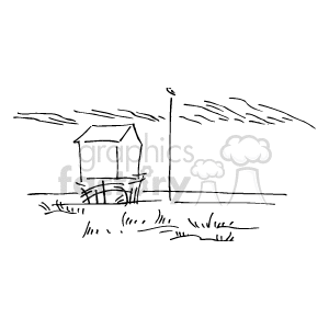 The clipart image depicts a simplified scene of a beach house by the coast. There is an ocean with waves in the background, indicating the proximity to water. The house seems to be elevated on stilts, likely as a protective measure against high tides or flooding. Furthermore, there's a noticeable beach landscape, with what appears to be dunes or vegetation indicative of coastal regions. A utility pole stands prominently in the scene.