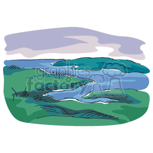 The clipart image depicts a stylized representation of an East Coast ocean scene. The image includes elements such as a body of water (ocean), waves, and a coastal landscape. The colors are fairly simple and stylized, with blues representing the water and greens for the coastal area, while grays and purples are used in the sky, likely indicating clouds.