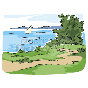 The clipart image depicts a tranquil coastal scene. There is a sandy beach in the foreground leading to calm ocean waters. A sailboat is visible in the distance on the water. There are grasses and greenery, possibly indicative of dunes or coastal vegetation, at the edge of the beach.