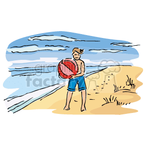 The clipart image depicts a person standing on a beach holding a red beach ball. The person is wearing sunglasses and blue shorts. The beach has some grassy areas on sand dunes and there's a view of the ocean with waves and a partly cloudy sky in the background.