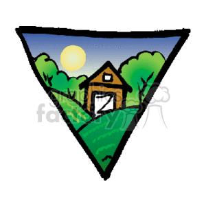 The clipart image depicts a stylized scene of a barn surrounded by trees under a night sky with a full moon. The scene is contained within a triangular frame, which might suggest a badge or emblem-like design. There are fields or rolling hills in the foreground, suggesting a peaceful, rural setting.