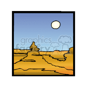 The clipart image depicts a desert canyon with layered rock formations typical of eroded landscapes. A clear sky with a sun or moon hangs overhead, indicating either daytime with a bright sun or nighttime with a full moon.