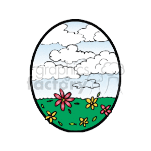 The clipart image depicts a stylized landscape within an oval frame. The foreground features a green field with various colorful flowers scattered across it. Beyond the field, the middle ground is empty, suggesting a horizon line. The background consists of a blue sky filled with white fluffy clouds.
