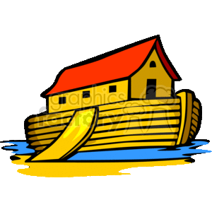 The image is a colorful clipart illustration of Noah's Ark, a well-known biblical artifact from the Old Testament. It features a simplified representation of the ark made with yellow planks, a red roof, and a house-like structure on top. The ark is depicted floating on blue waters, indicating the narrative of the great flood.