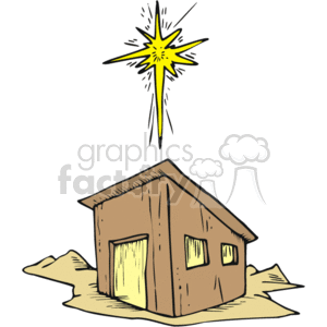 The clipart image depicts a simple, rustic wooden shack with a bright star shining down on it from above. The star has radiating lines, indicating that it is shining or twinkling. The shack is shown with a sense of modesty, perhaps symbolizing poverty or humility.