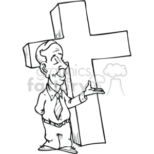 The clipart image features a cartoonish man standing beside a large Christian cross. The man has a cheerful expression and is gesturing with one hand towards the cross, possibly indicating he is presenting or discussing it.