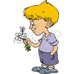 Description: The clipart image depicts a cartoon of a young boy with blond hair holding a small bouquet of flowers. He is dressed in a purple shirt that features a Christian cross emblem and matching purple shorts. His expression is gentle and contemplative, and he seems to be offering the flowers. The artwork is colorful and has a simple, cheerful style typical of children's illustrations.