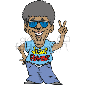 The clipart image shows a cartoon character depicted as an African American with an afro hairstyle, wearing blue sunglasses, and a blue tank top that reads Jesus Power. The character is smiling broadly and making a peace sign with one hand.