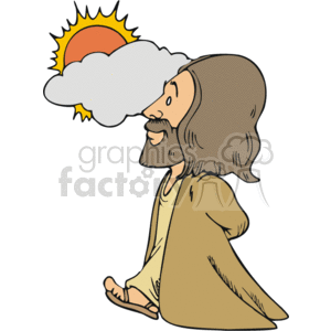 This clipart image depicts a stylized representation of Jesus Christ. He is shown in profile, seated and looking upward. A partial cloud obscures a sun with visible rays in the background. The character is drawn with a beard and wearing traditional biblical clothing.