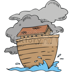 The clipart image shows a cartoon representation of Noah's Ark based on the biblical story. The Ark is depicted as a large wooden boat with a house-like structure on top. It is pictured amidst stormy weather with grey clouds surrounding it and water splashing at its base, suggesting a rainstorm or flood. The image is stylized with thick outlines and is colored with a limited palette.