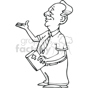 The clipart image shows a caricatured figure that appears to be a preacher or religious teacher. The character is standing with one arm raised, seemingly in a gesture of speaking or making a point. The other hand is holding a book with a cross on its cover, which suggests it is a Bible. The character is dressed in a shirt with a tie, and pants, presenting a semi-formal appearance often associated with clergy or religious figures.