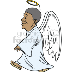 The clipart image features a character that appears to be an angel, depicted with wings and a halo. The angel is shown wearing a robe, kneeling, and has a peaceful expression. The angel's features suggest they might be representing an African American individual.