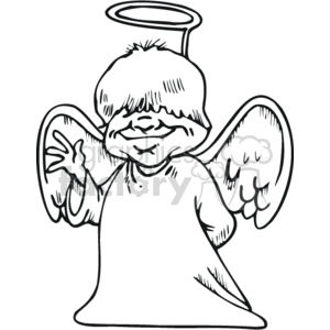 The clipart image depicts a cartoon representation of an angel. The angel has wings, a halo above its head, and appears to be in a robe or gown. The angel is smiling and has one hand raised in a gesture that could be interpreted as waving or greeting.