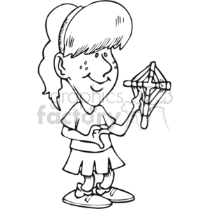 The image is a black and white line drawing of a girl holding a dream catcher. The girl has a ponytail on the side, is wearing a t-shirt, a skirt, and shoes with frilly socks. The dream catcher features a woven web with beads and a feather hanging from it.