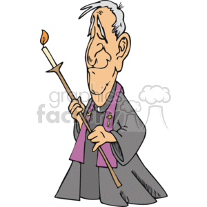 The image shows a cartoon of a religious figure, possibly a Christian priest, holding what appears to be a liturgical staff with a flame at the top. The person is wearing ecclesiastical vestments, including a cassock and a stole with visible cross symbols, suggesting a clerical role. The character has a peaceful expression on the face, which may imply a sense of devoutness or contemplation.