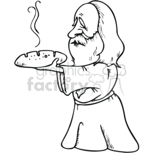 The image depicts a monk holding a loaf of bread. The monk has a serene expression on his face, possibly indicating a moment of gratitude or reflection. The bread is steaming, indicating it is fresh and possibly just baked. The monk is dressed in simple, traditional monastic attire.