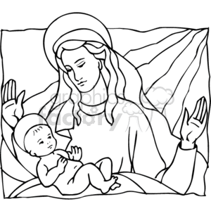 The image is a clipart depiction of the Virgin Mary holding Baby Jesus. Mary is illustrated with a halo around her head, signifying her sanctity, while Baby Jesus is presented as a small child in her arms. The imagery is emblematic of Christian religious art, particularly relating to the nativity scene.