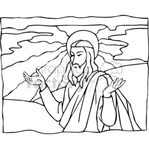 The clipart image depicts a figure that represents Jesus, as commonly portrayed in Christian iconography. He is shown with a halo around his head and open arms, often a sign of preaching, blessing, or welcoming. The background seems to imply that he might be outside with a sky overhead, suggested by the horizontal lines.