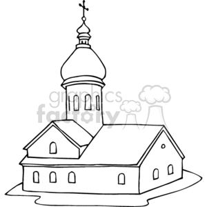 The clipart image shows a line drawing of a Christian church. The church has a prominent dome with a cross on top, signaling its religious significance. It's a simple, black and white illustration, likely used for educational or decorative purposes within the context of Christian religion.