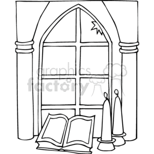 The clipart image features a Gothic-style arched window, which is a common architectural element in churches. In front of the window, there is an open book, which is likely meant to represent the Bible. On the right side, there are two candles placed in candle stands, which are often used in religious ceremonies or services.