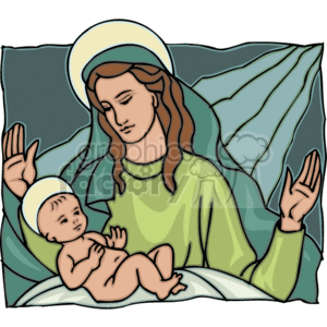 This clipart image depicts a stylized illustration of the Virgin Mary holding Baby Jesus. Mary is shown with a halo around her head, signifying her holy status in Christian tradition. She is wearing a green robe with her head covered by a veil, and she seems to be gazing down at the infant Jesus with care and adoration. Baby Jesus is depicted as a small child, naked, with a halo around his head as well, suggesting his divinity.