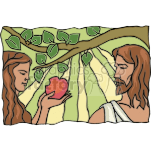 The clipart image illustrates a representation of Adam and Eve, two figures from Christian religious texts, under the branches of a tree with green leaves. Eve is holding an apple, a symbol often associated with the story of the original sin in the Christian tradition. The background depicts light rays, perhaps suggesting a garden-like setting or divine presence.