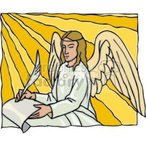 This clipart image depicts an angel with wings, dressed in white, holding a quill and writing on a scroll. The background is a stylized yellow, giving a glowing effect.