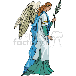 The image is a clipart illustration of an angel, a figure commonly recognized in various Christian religious traditions. The angel is depicted wearing a long, flowing robe with blue drapery and gold bands around the cuffs. This angel has large, feathered wings and curly hair, and is holding an olive branch, which is often a symbol of peace.