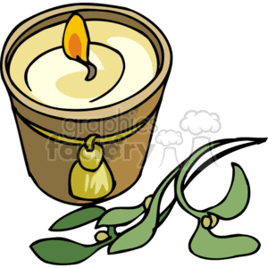 The clipart image depicts a single lit candle with a golden-brown holder and what appears to be a decorative tag or emblem attached to the holder. Additionally, there is a green branch with leaves next to the candle, which could represent an olive branch, a symbol of peace.