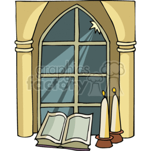 The clipart image displays a church window with a pointed arch, typical of Gothic architecture, featuring a cross design at the top of the window. In front of the window, there is an open Bible resting on what seems to be a ledge, and two lit candles on candle holders, one on each side of the Bible. The scene conveys a serene religious setting, commonly associated with Christian worship and prayer.