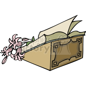 The clipart image depicts an open book with an ornate cover design, suggesting it could be a religious book like a Bible. There's a bookmark or ribbon in the spine, and a spray of pink flowers emerges from the pages, adding a decorative element that implies the book might be used in a special occasion or ceremonial context.
