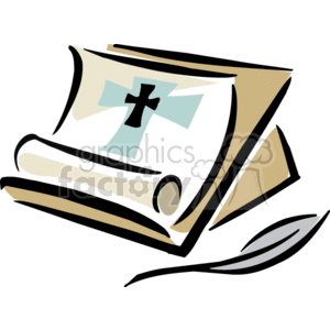 The image is a stylized clipart of an open book or scroll with a Christian cross emblem on one of the pages. Alongside the book, there is a pen or quill, suggesting writing or documenting.