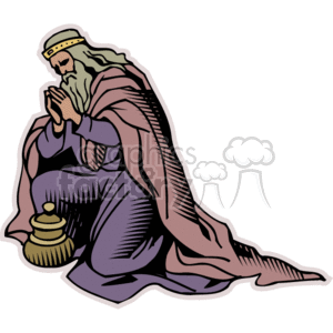 The clipart image displays a bearded figure wearing a crown and draped in robes, kneeling in a prayerful pose. Next to the figure, there is a lit candle within a simple holder, symbolizing an act of devotion or a religious ritual.