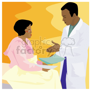 This is a clipart image featuring an illustration of what appears to be a healthcare professional, possibly a doctor, speaking with a patient. The healthcare professional, depicted as an African American male, is dressed in a white coat and is gesturing as though explaining something to the patient. The patient, depicted as an African American female, appears to be seated and is looking at the healthcare professional attentively. They are against a two-tone background, giving a sense of a warm mood or setting, perhaps to convey comfort despite the medical context.
