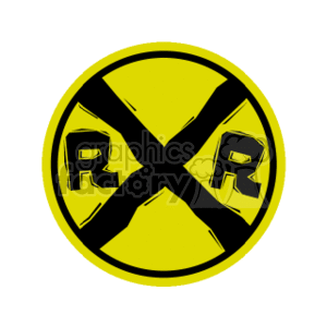 The image shows a yellow circular sign with a black X symbol and the letters RR indicating a railroad crossing. This is a commonly recognized symbol advising motorists and pedestrians of nearby train tracks and the need for caution.