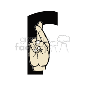 The image shows a hand making a sign from the sign language alphabet, specifically in front of what appears to be the letter R from the English alphabet. The hand is depicted with a thumb crossed over the palm with the index and middle fingers extended and parted to form a letter in sign language, which also corresponds to the letter R in American Sign Language (ASL).
