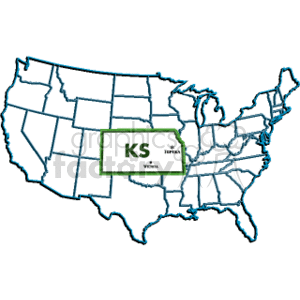 The clipart image shows an outline map of the United States with the state of Kansas highlighted. Inside the highlighted area of Kansas, there's a sign with the letters KS, which is the state's postal abbreviation. Below KS, the state capital, Topeka, and a major city, Wichita, are noted.