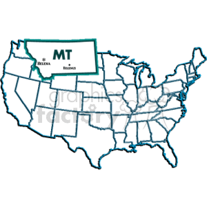 The clipart image shows a map of the United States of America with state lines delineated. The state of Montana is highlighted, and there's an inset box with the abbreviation MT for Montana. The box also includes the names of two cities in Montana: Helena, which is the state capital, and Billings.