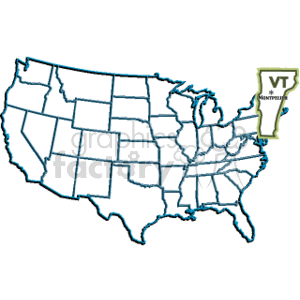 The clipart image depicts an outline map of the United States with all state boundaries marked. There is a special emphasis on the state of Vermont (VT), highlighted with a green pointer showing the state abbreviation VT and the state capital Montpelier.
