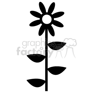 The clipart image shows a stylized representation of a sunflower. It has a central round part that represents the flower's head, with petals radiating out from the center. The flower is attached to a long stem with leaves attached to the stem at different points.