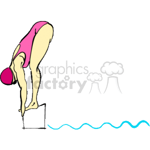 The clipart image depicts a diver poised on a starting block, ready to dive into a swimming pool. The swimmer is shown in a bent position, with bent knees and hands poised near their feet, indicating they are about to launch off the block. There is a wavy line below representing water.