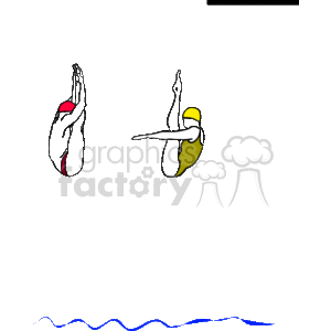 The clipart image depicts two divers in mid-air, about to dive into water. Both figures are stylized and depicted in a simplistic manner. The diver on the left is wearing a red and black swimsuit, while the one on the right is wearing a yellow and white swimsuit. Below the divers is a representation of water, suggested by a wavy line, indicating that they are above a body of water.