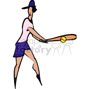 The clipart image depicts a softball player in the middle of a swing, holding a bat that is making contact with a softball. The player is wearing a cap, a short-sleeved top, shorts, and cleats. They appear to be in an active and focused stance, characteristic of a batter hitting a ball.