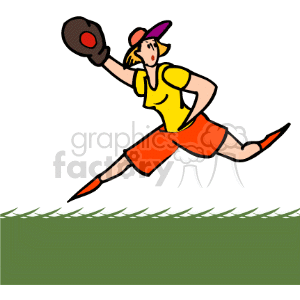 The image depicts a female softball player in mid-motion, appearing to be running or leaping, while wearing a yellow top, orange shorts, and a visor cap. She is also sporting a glove on her left hand, presumably ready to catch a ball.