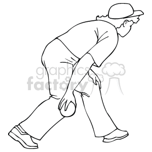 The clipart image shows an individual, depicted in a simplified black-and-white line drawing, who appears to be engaged in the action of bowling. The character is holding a bowling ball, bending slightly forward, and preparing to swing the ball towards the pins. The person is wearing a cap, t-shirt, and pants, and is styled in a casual manner. However, contrary to the keywords provided, there is no indication that the character is a woman. The style of the drawing is typically used for sports illustrations or recreational content.