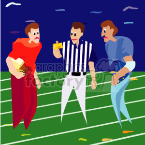 The clipart image depicts two football players and a referee on a football field. One player is dressed in a red football uniform holding a football, while the other is in a blue uniform, and appears to be in a listening or discussing posture. The referee is in the middle, wearing a black and white striped shirt, common for football referees, and he is holding a yellow card, indicating he is penalizing a player for a violation of the rules.
