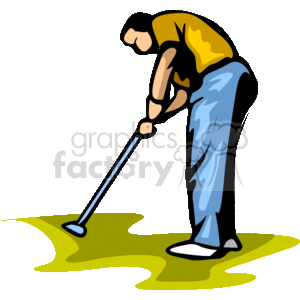 The clipart image depicts a stylized golfer preparing to take a shot. The golfer is bending forward, holding a golf club, and appears to be focusing on hitting a golf ball on green grass.