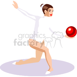 The image displays a female gymnast performing a routine with a red ball. The gymnast is dressed in a white leotard, and she is standing on one leg with the other leg bent behind her. Her arms are gracefully extended, one holding the ball, and she is looking towards her hand that is holding the ball. The background is plain, which suggests that this is a stylized representation suitable for various design purposes rather than an actual photograph of a specific person.
