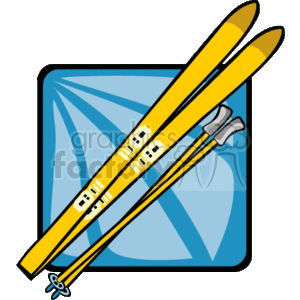 The clipart image depicts a pair of yellow skis overlaid on a stylized blue snowflake background, suggesting winter or snow sports. Included with the skis is a single ski pole with a grey handle and wrist strap.